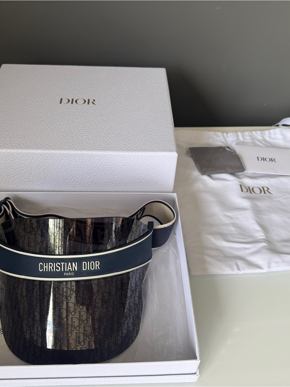 Dior Black Monogram Shield Visor with Navy Trim